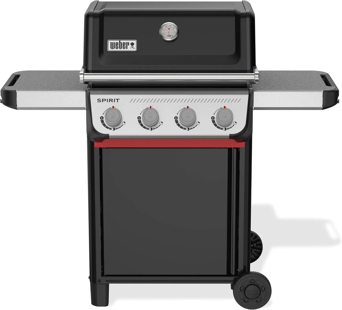 Gasgrill E-410 Weber Spirit, 51 x 46 cm Grillfläche, 4 Brenner, Snap-Jet Zündung, Robuste Räder und Warmhalterost, in Schwarz, Silber
