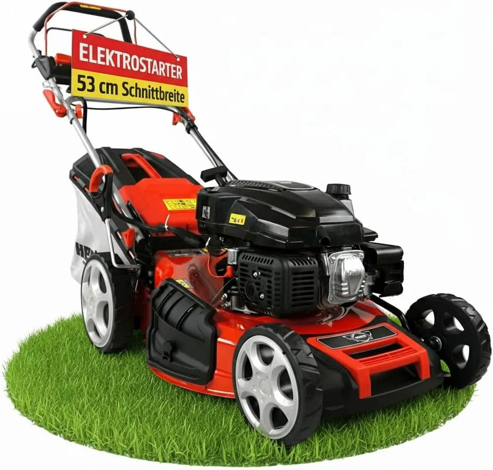 Rasenmäher, HECHT 5-IN-1 Benzin, Fassungsvermögen 75 l Fangkorb, Elektrostart, patentierte Räder, leistungsstarker 4 Takt Eco Motor 4,4 kW, 6,0 PS