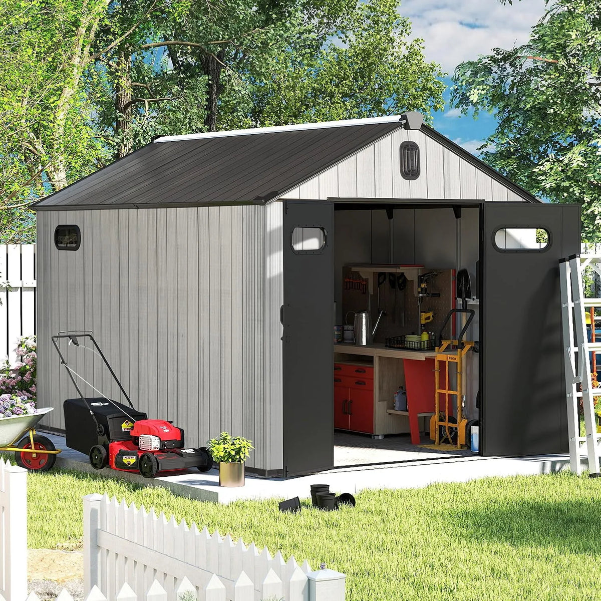 Gerätehaus Domi, ca. 2,4 x 3,6 m aus Kunststoff, abschließbar, Wetterfest & UV-beständig, Doppelwand-Konstruktion, mit Dachbelüftung, Farbe Grau