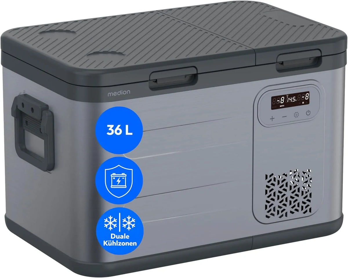 Kompressor MD370026 MEDION mobile elektrische, 36L Kapazität, Spannung 12V 24V 230V, Kühlbox, Duale Kühlzonen, KFZ Adapter, Aluminium Design