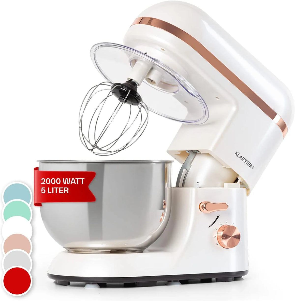 Klarstein Küchenmaschine, Mit 5L Schüssel, Leistung 1800W Profi Knetmaschine Mit Knethaken Und Schneebesen, 6 Stufen Universal Teigmaschine Zum Rühren