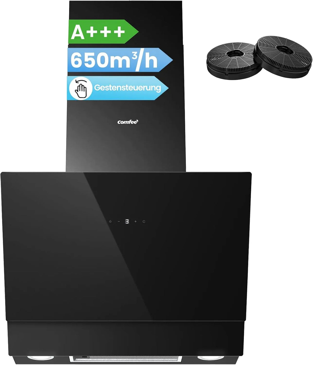 Comfee Dunstabzugshaube CH60J72ET6A3B, ' A+++ 60 cm, 650m³/h, Kopffreihaube 60cm Umluft und Abluft, 4 Geschwindigkeitsstufen, 4 Geschwindigkeitsstufen