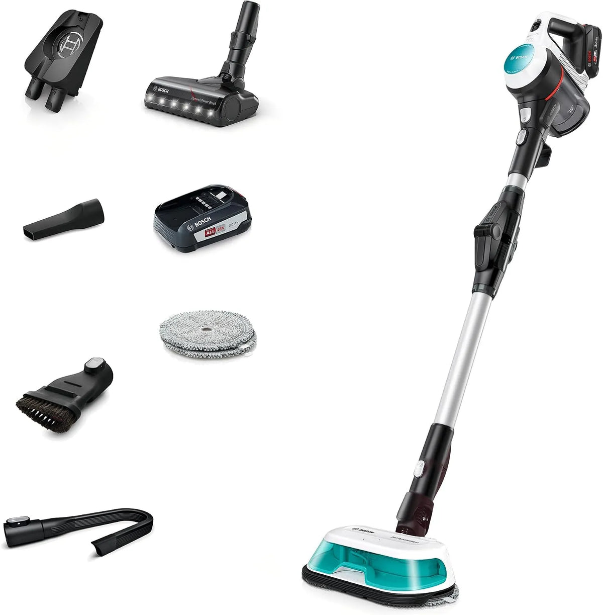 Bosch Unlimited 7 Aqua Vacuum & Mop, Austauschbarer 18V Akku, 2 in 1 Cordless Stick Vacuum with DynamicAqua Mop, AllFloor DynamicPower Brush, Weiß