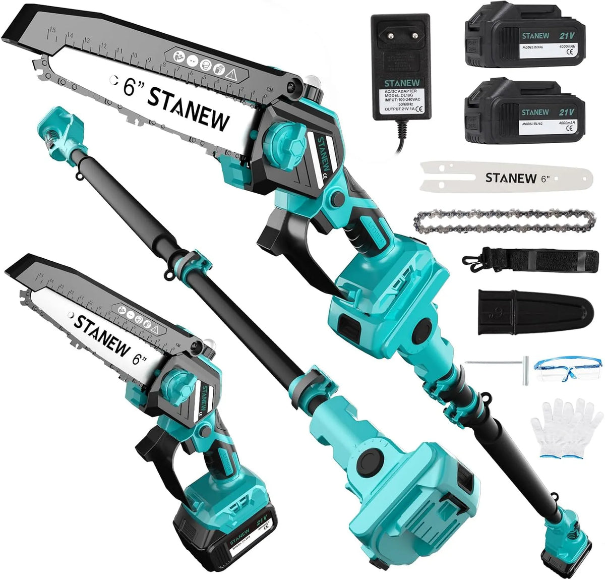 2-in-1 Teleskop Kettensäge STANEW, max.Arbeitshöhe 4,55 M, bürstenlose Mini-Kettensäge, mit 2 x 4000mAh Akkus, 6 Zoll, mit LCD-Display