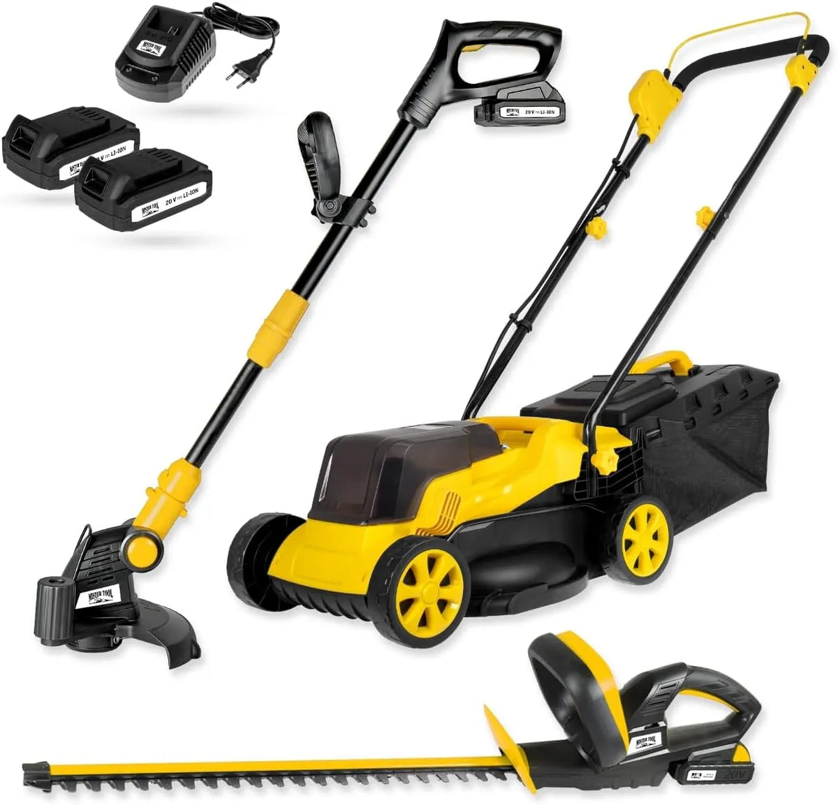 Rasenmäher, Spannung 20V, 2X Li-Ion Akkus & Schnellladegerät, Akku-Garten-Set, Rasentrimmer & Heckenschere, Kabellos & leistungsstark