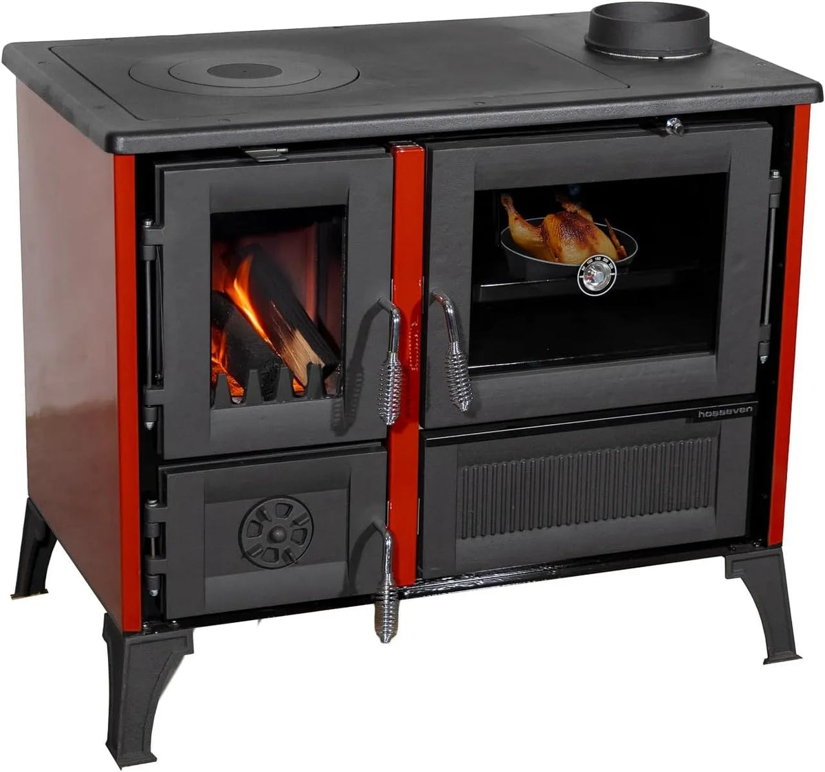 Kaminofen 4013, mit Backfach und Herdplatte Rot Holzofen 8 kW Holz Ofen Mehrfachbelegung Kamin Heizofen Küchenherd