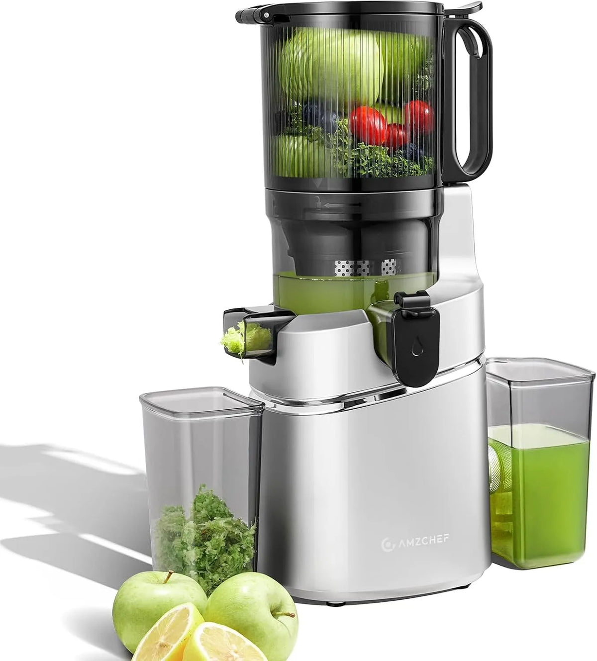 Entsafter, AMZCHEF 250W Automatischer All-In-One, 145MM Öffnung und 2L für Gemüse und Obst, Slow Juicer Testsieger mit Dreifachem Filter, Silber
