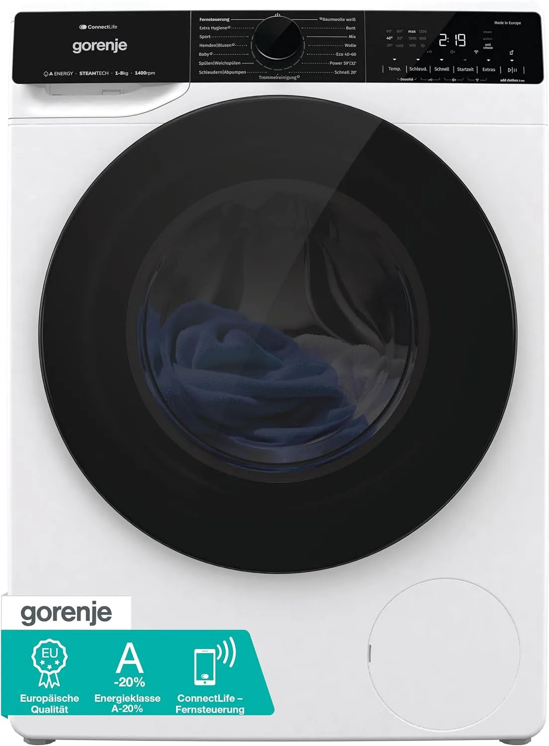 Gorenje Waschmaschine WPNA84A2TS 1400 A-20, Gewicht 8Kg, 15 Betriebsprogramme, mit Dampffunktion, ConnectLife, min, Totaler AquaStop, ExtraHygiene