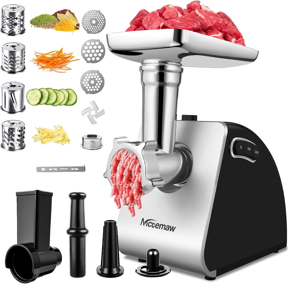 2000W Elektrischer Fleischwolf, Leistung 2000W, 3 Edelstahl Lochscheiben, 4 Kegel-Klingen, Profi Wurstmaschine mit Wurstfüller, Für Hackfleisch