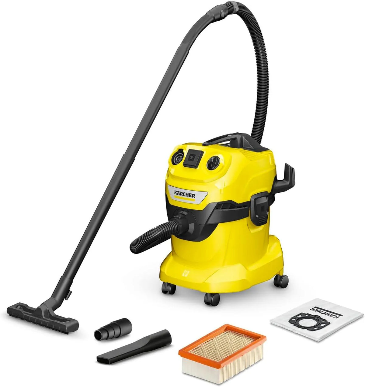 Karcher Nass-/Trockensauger, WD 4 P V-20/5/22 Nass-&, Gelb 5 m Kabel, 2,2 m Saugschlauch, Kunststoffbehälter, mit Gerätesteckdose, Clips-Bodendüse