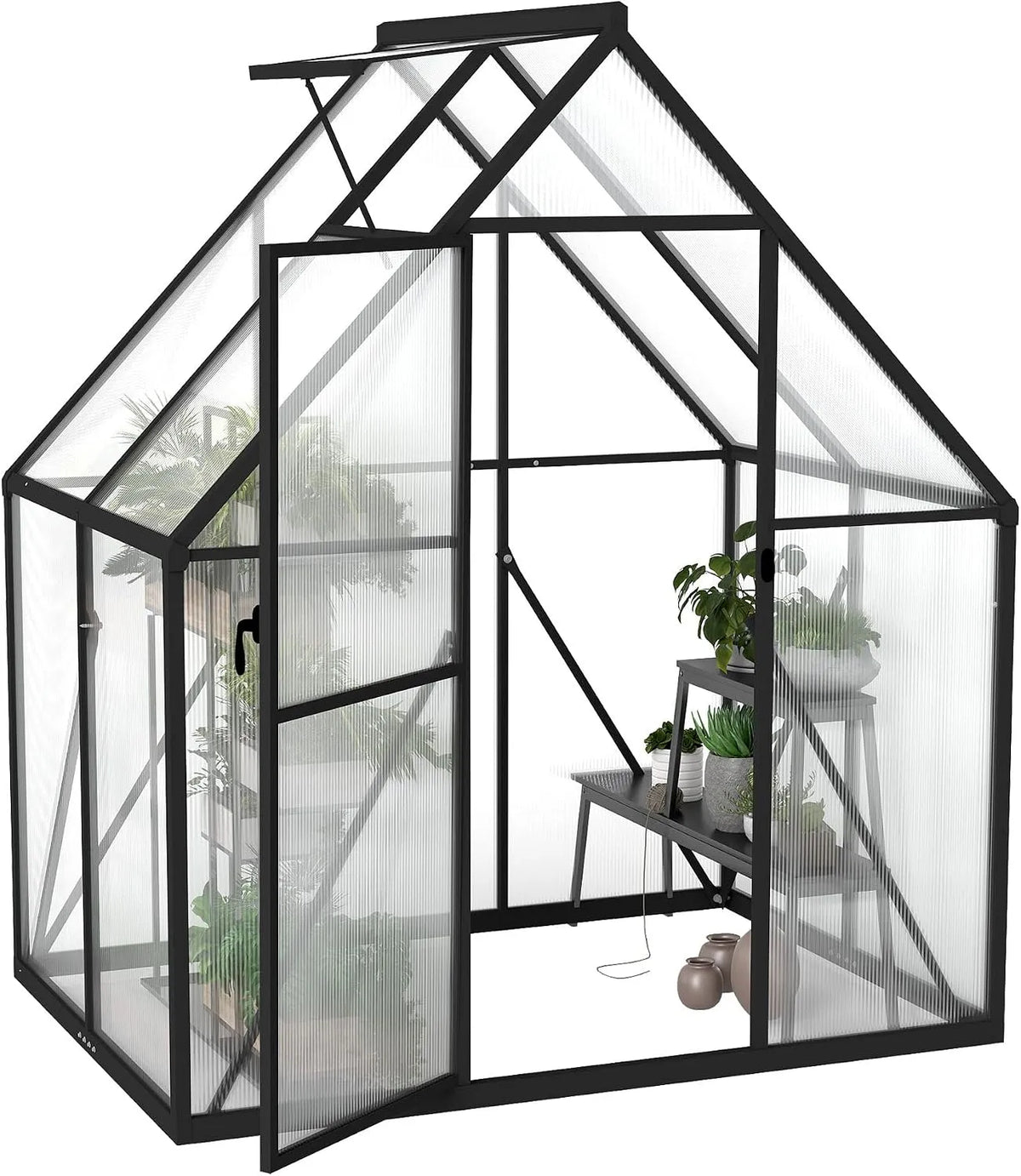 Gewächshaus Premium, Aluminium 125x180x195cm 2.25m² Begehbares Garten, Dachfenster, Tür Wetterfest, mit verstärktem Fundament, Gemüse & Pflanzen