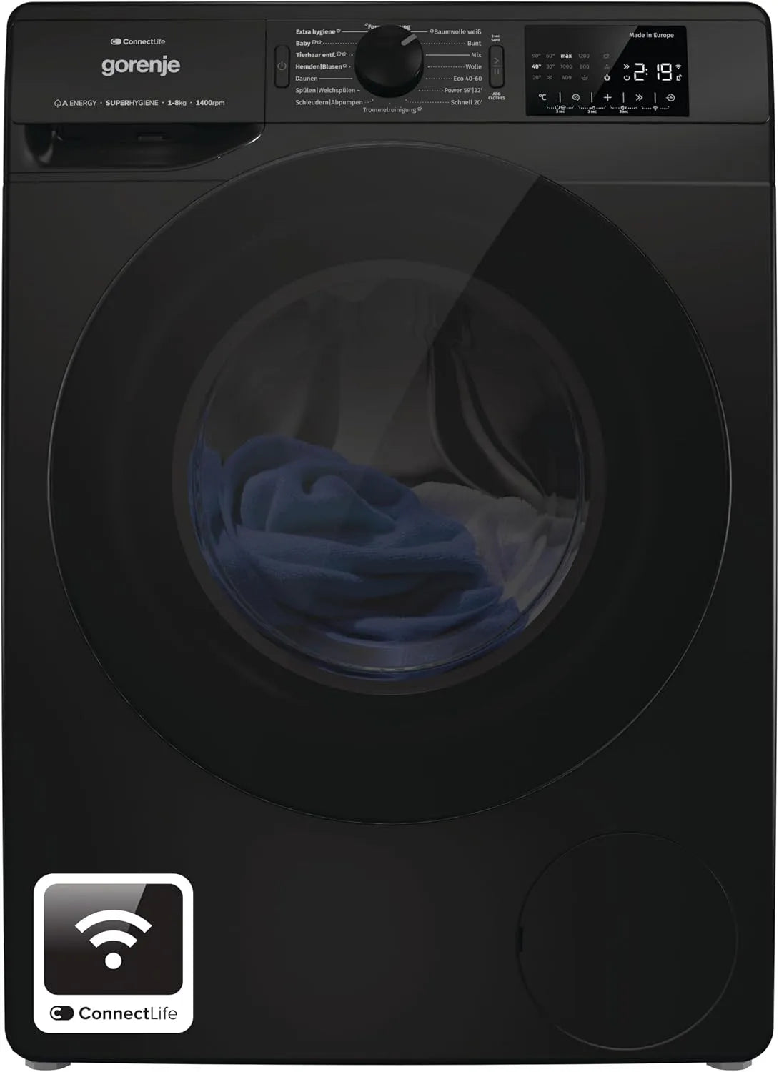 Gorenje Waschmaschine WPNEI84A1DTSB 1400 A-10, Gewicht 8Kg, 15 Betriebsprogramme, mit Dampffunktion, ConnectLife, min, Totaler AquaStop, ExtraHygiene