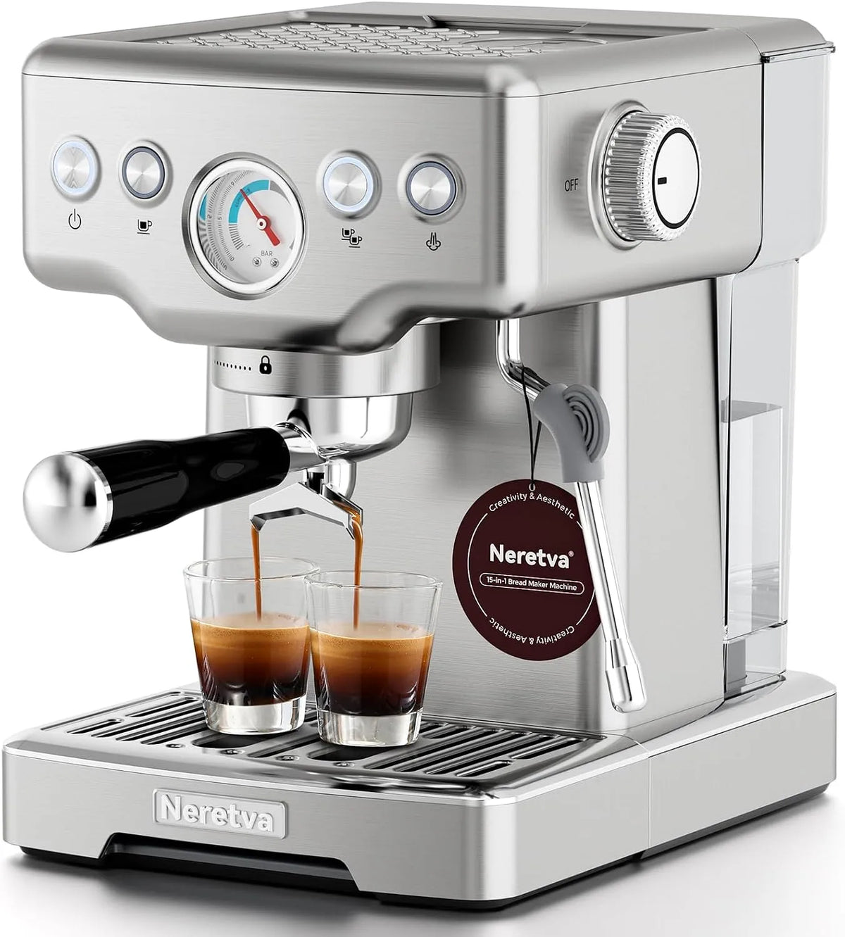 Espresso-Siebträgermaschine 8L-Tank Neretva, Fassungsvermögen 1,8L, Leistungsstarker Milchaufschäumer, inklusive. Barista-Kit