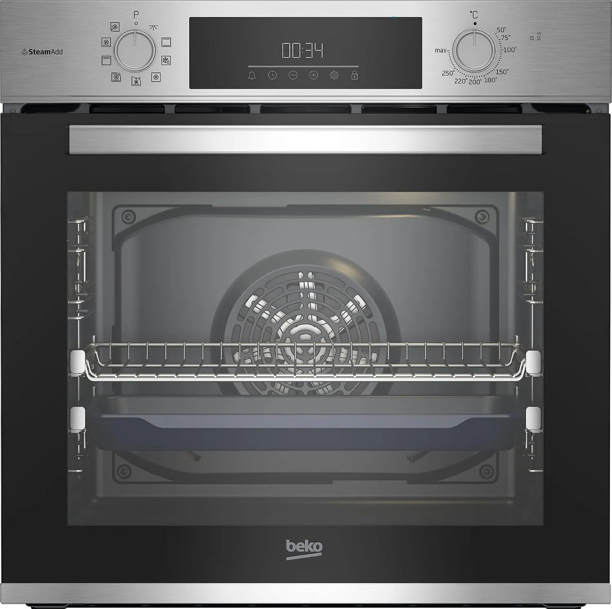 Beko Backofen BBIS12301XE b300, Multifunktionsofen mit 9 Funktionen, SteamAdd-Dampffunktion, versenkbare Knebel, Einbau 72 Liter, AeroPerfect
