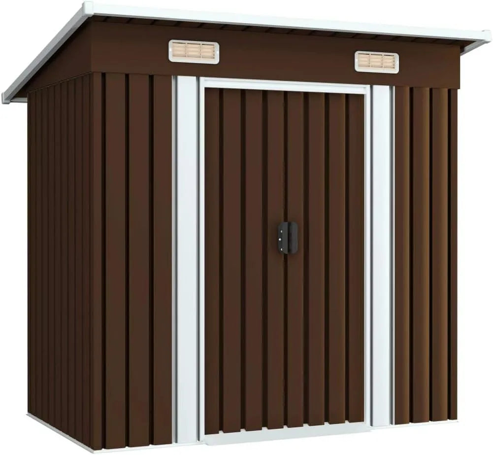 Braun Gerätehaus, Maße 194x121x181 cm, Mit 2 Entlüftungsöffnungen für die Lagerung, Metall mit Pultdach, Schiebetür & Fundament