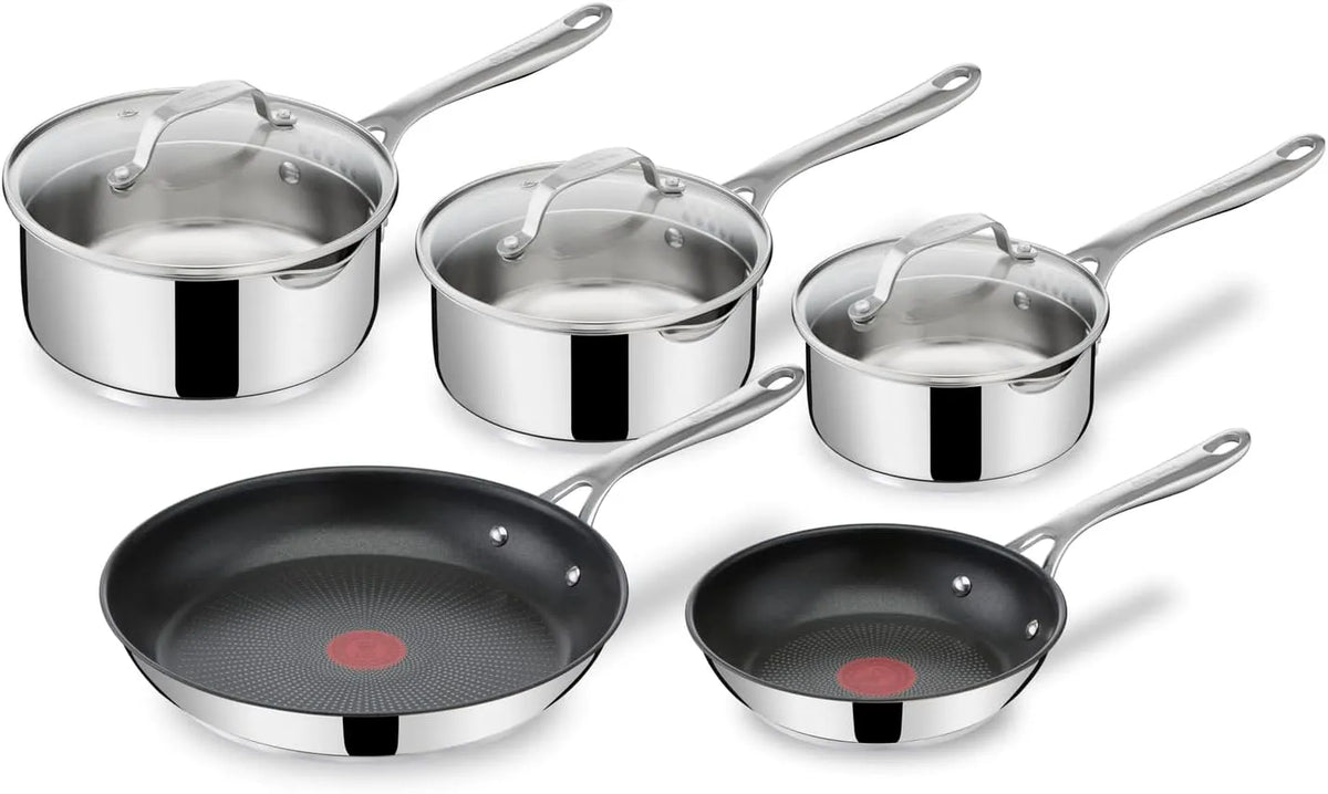 Tefal E304S544, Thermo-Signal, Jamie Oliver Cook's Direct On 8-teiliges Edelstahl-Pfannenset: Pfannen 20/28 cm, Antihaftbeschichtung, Induktion