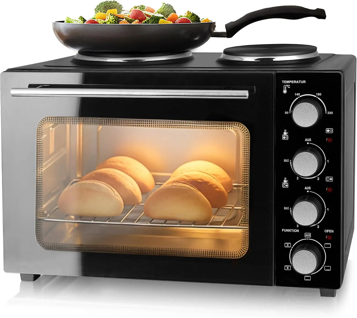Backofen MO-125236.4 EMERIO, mit 32 Litern + 2 Herdplatten, Umluft + Ober, Unterhitze, Timer + Temperaturregler, inklusive. Backblech & Grillrost