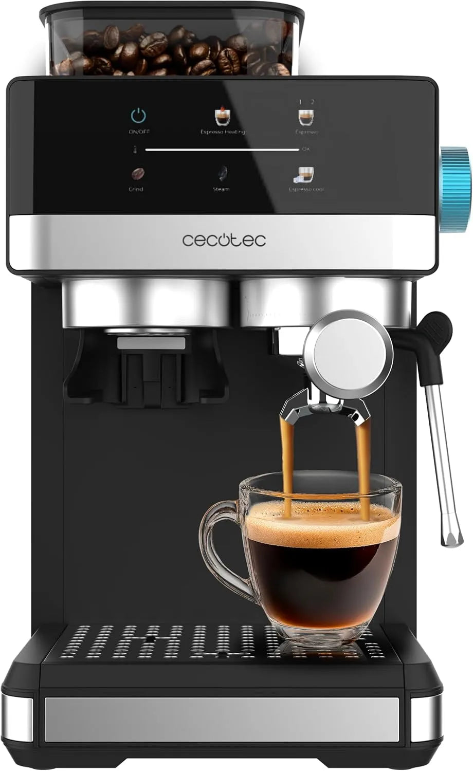 Cecotec Espressomaschine, Power Espresso 20 Grind Fresh. 1350W, 20 Bar, Fassungsvermögen 1,7L Wassertank, 20 Mahlgrade, 150g Kaffeebehälter