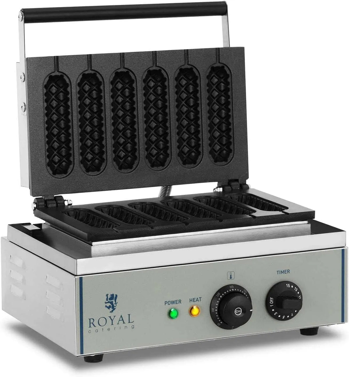 Royal Catering, Leistung 1.500 W, 15 min Timer, Stiel, Teflon & Aluminium, Silber, Maße 29,5 x 38,3 x 42 cm, 6 Stück, Waffeleisen Waffelautomat