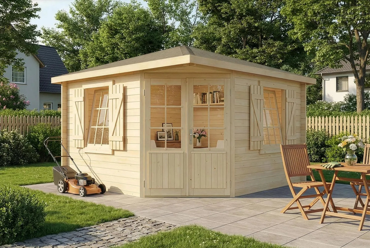 Gartenhaus, 5-Eck Monica Royal aus Massiv-Holz, Gerätehaus mit 28 mm Wandstärke, Geräteschuppen Größe: 350 x 350 cm, Spitzdach