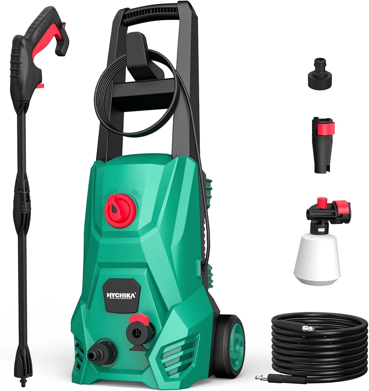 Hochdruckreiniger HYCHIKA, Max 1600 PSI 1500W tragbar Autowaschmaschine mit Schaumtank, 5m Hochdruckschlauch und 5 m Stromkabel