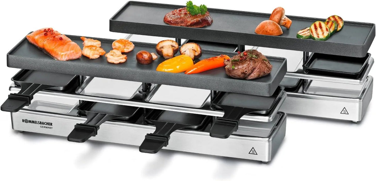 Grill RC 1600 ROMMELSBACHER Raclette, ROMMELSBACHER Raclette fun for 4+4, Tischgrill, Leistung 1460 W, für 8 Personen, erweiterbar, Parkdeck, silber
