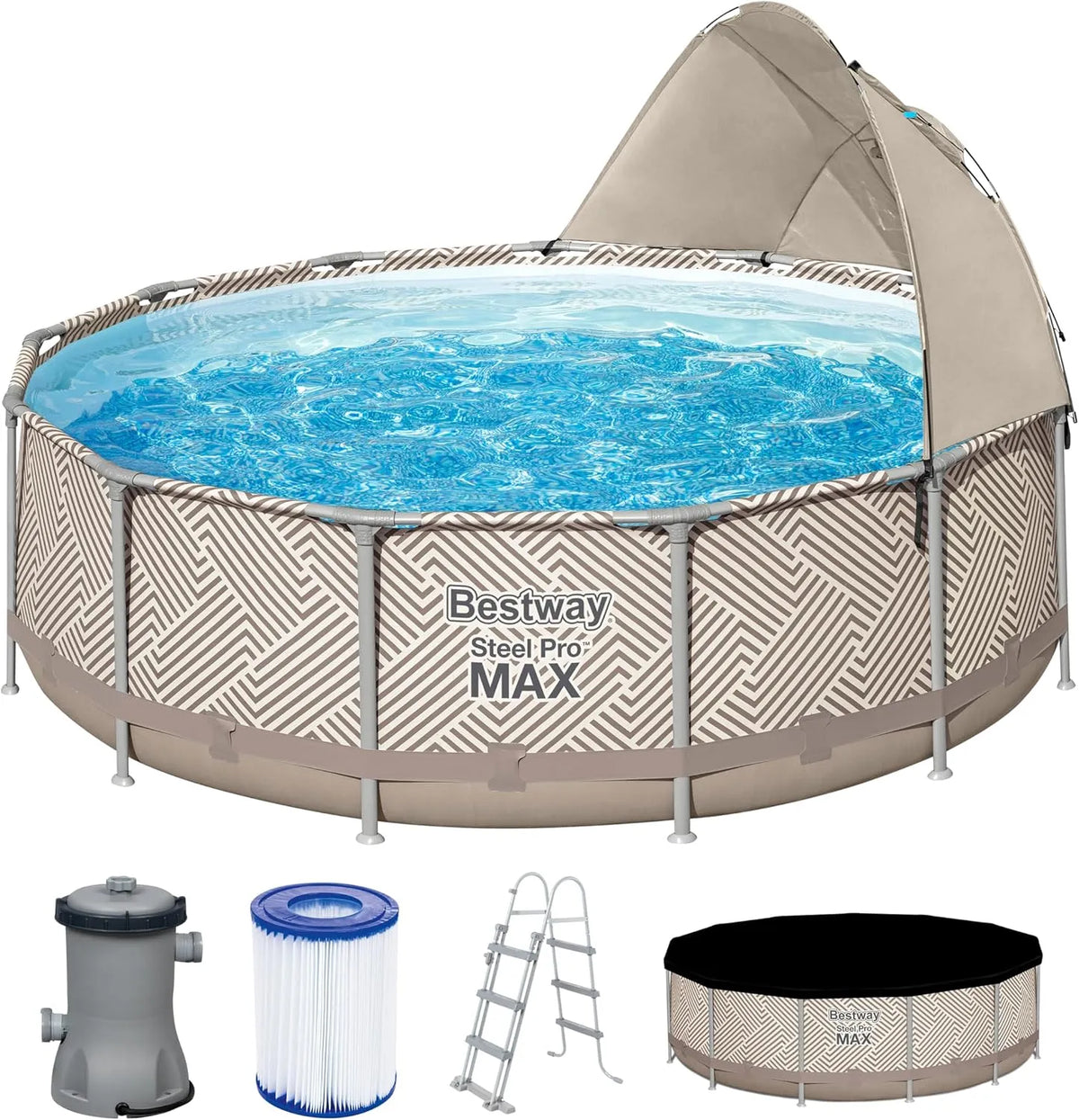 Bestway Pool, Steel Pro MAX Frame Komplett-Set mit Filterpumpe Ø 396 x 107 cm, Op Art-Design, rund