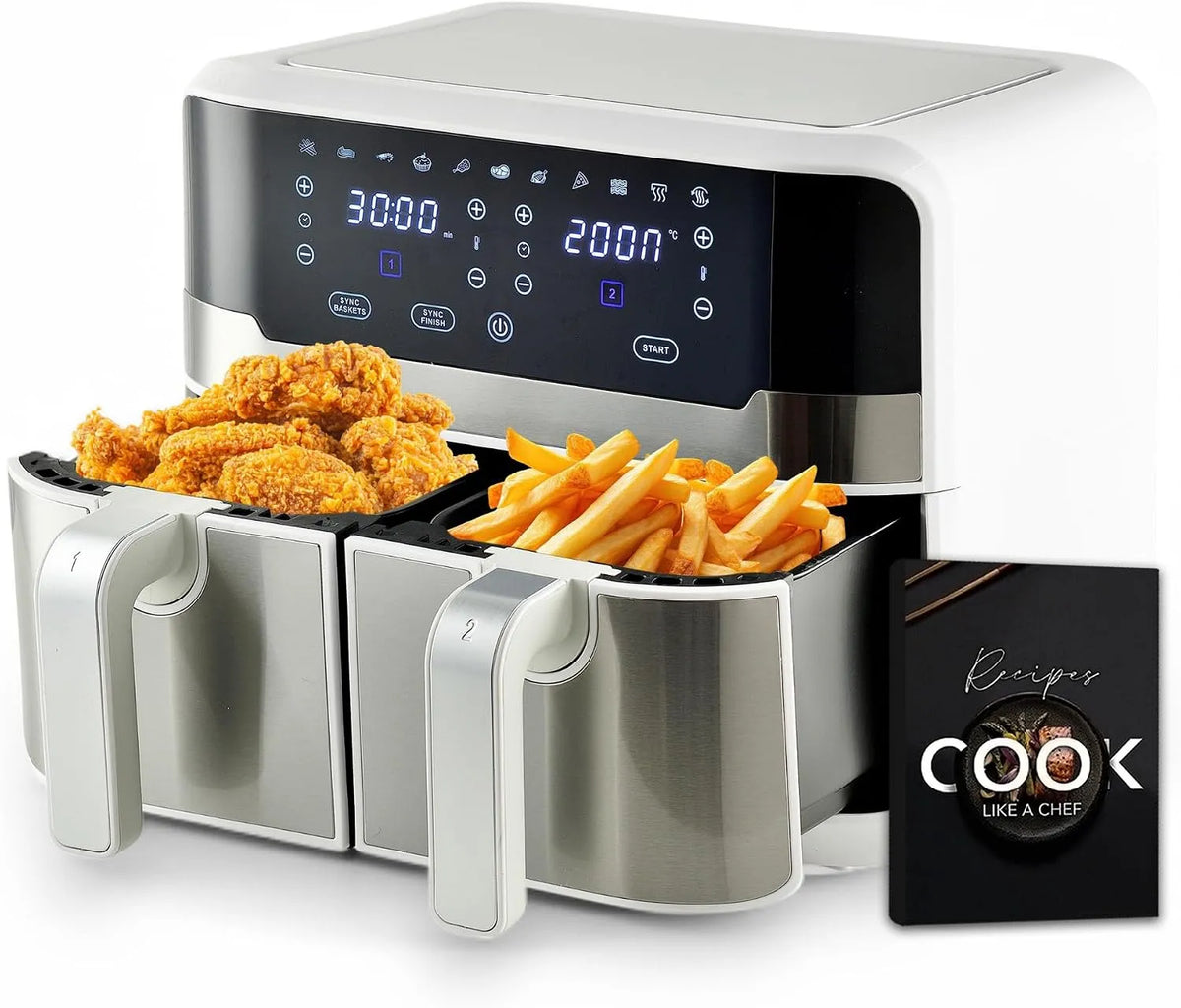 Heißluftfritteuse, MasterPRO Rocket Duo 900, 9L Fassungsvermögen und 2100W Leistung, 11 Funktionen in 1, Doppelte, Farbe Weiß