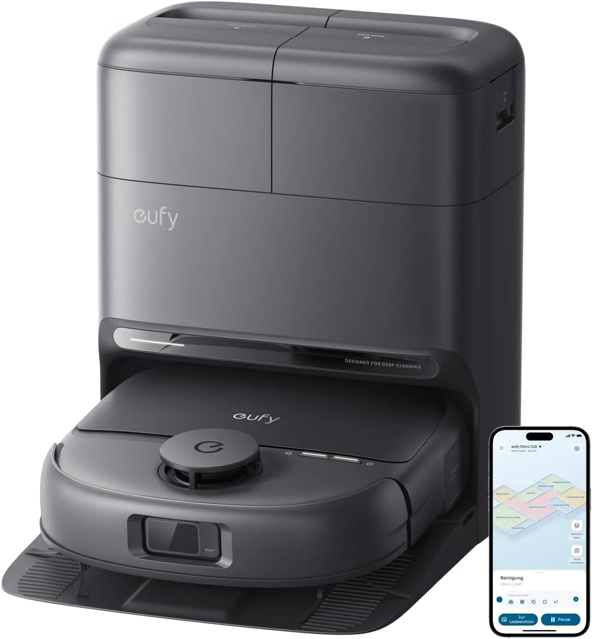 Saugroboter C28 eufy, mit Wischfunktion, HydroJet delbstreinigende Wischrolle, 15.000Pa Turbo-Saugkraft, 5‑in‑1 Omni-Station, KI‑Hinderniserkennung