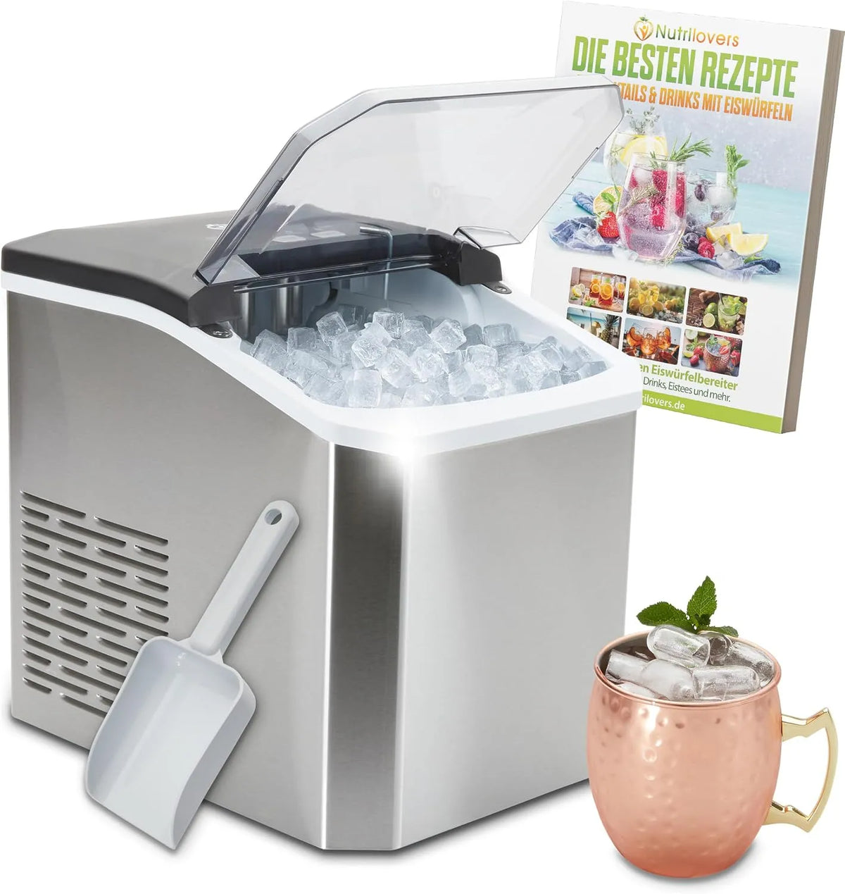 NUTRI-ICE MAKER Edelstahl Eiswürfelbereiter Nutrilovers Eiswürfelmaschine, Transparente Eiswürfel 2 Größen, inklusive. Moscow Mule Becher & Rezeptbuch