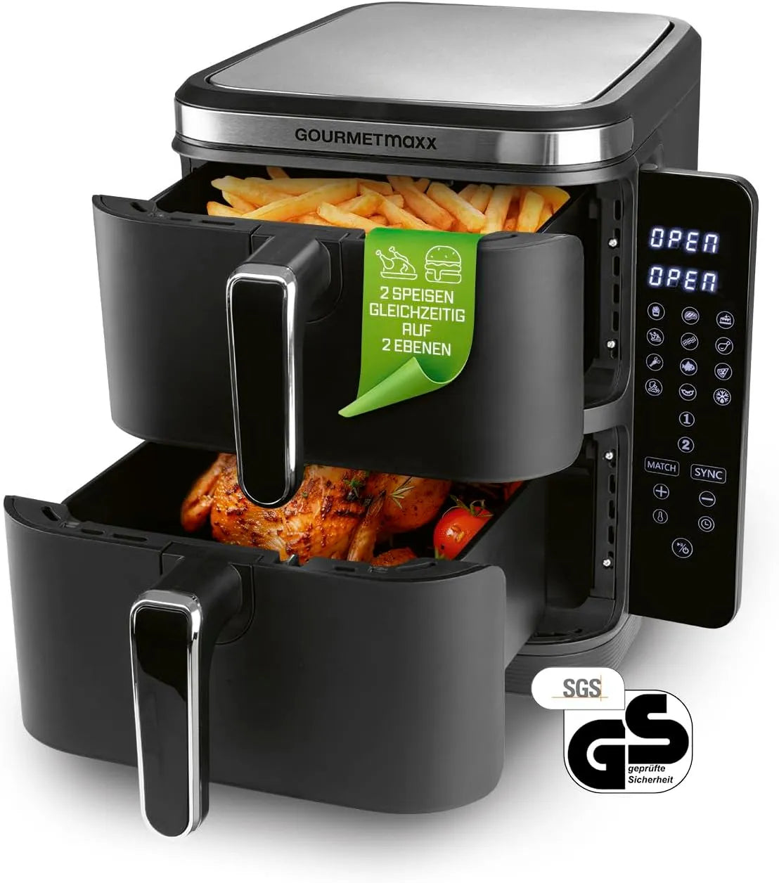Heißluftfritteuse, 32% platzsparender, Fassungsvermögen 10L, 2 Kammern, GOURMETmaxx FryUp Vertikale Doppelkammer, vertikaler Airfryer