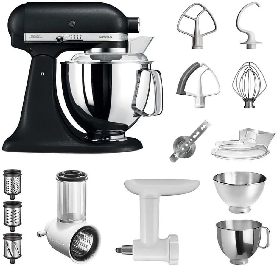 KitchenAid Küchenmaschine 5KSM175PSEBK, Gusseisen in Schwarz, Artisan Starter Paket inklusive. Gemüseschneider Fleischwolf und vielem Zubehör