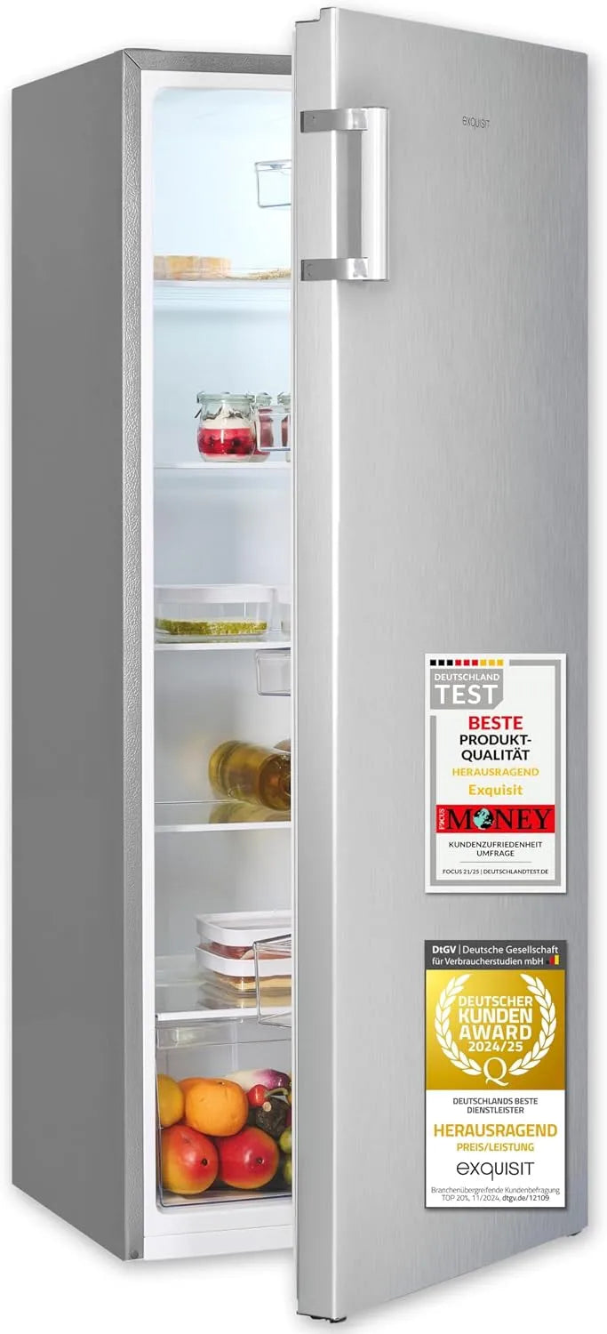 Exquisit Kühlschrank KS5320-V-H-010E, Vollraumkühlschrank 143 cm hoch, 5 Ablagen, Fassungsvermögen 242 Liter, ohne Gefrierfach, inoxlook