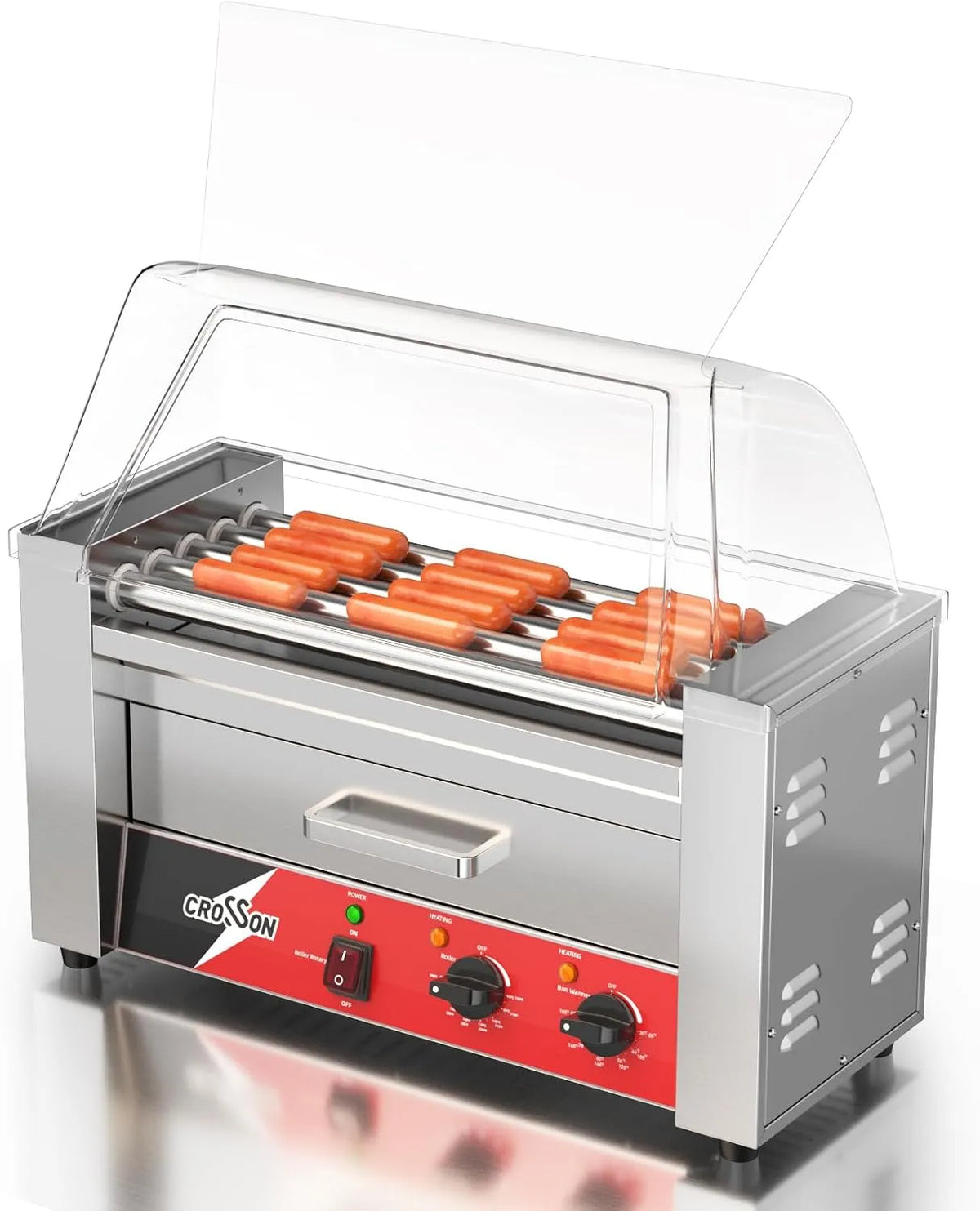 Grill, mit Brötchenwärmer,12 Hotdogs Machine Elektrogrill, CROSSON Hot Dog Maschinen 5 Rollen, mit Temperaturregler & Abdeckung,1050W, Leistung 1050W