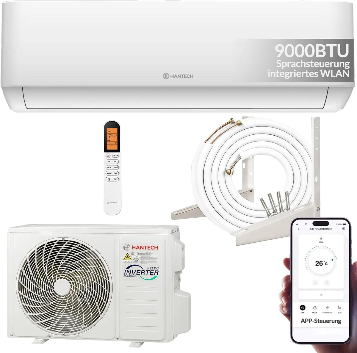 Klimaanlage Split, bis 30m², Luftfilter, Montagematerial, 9000 BTU, HANTECH H-PRO Heiz-&Kühlfunktion, WIFI