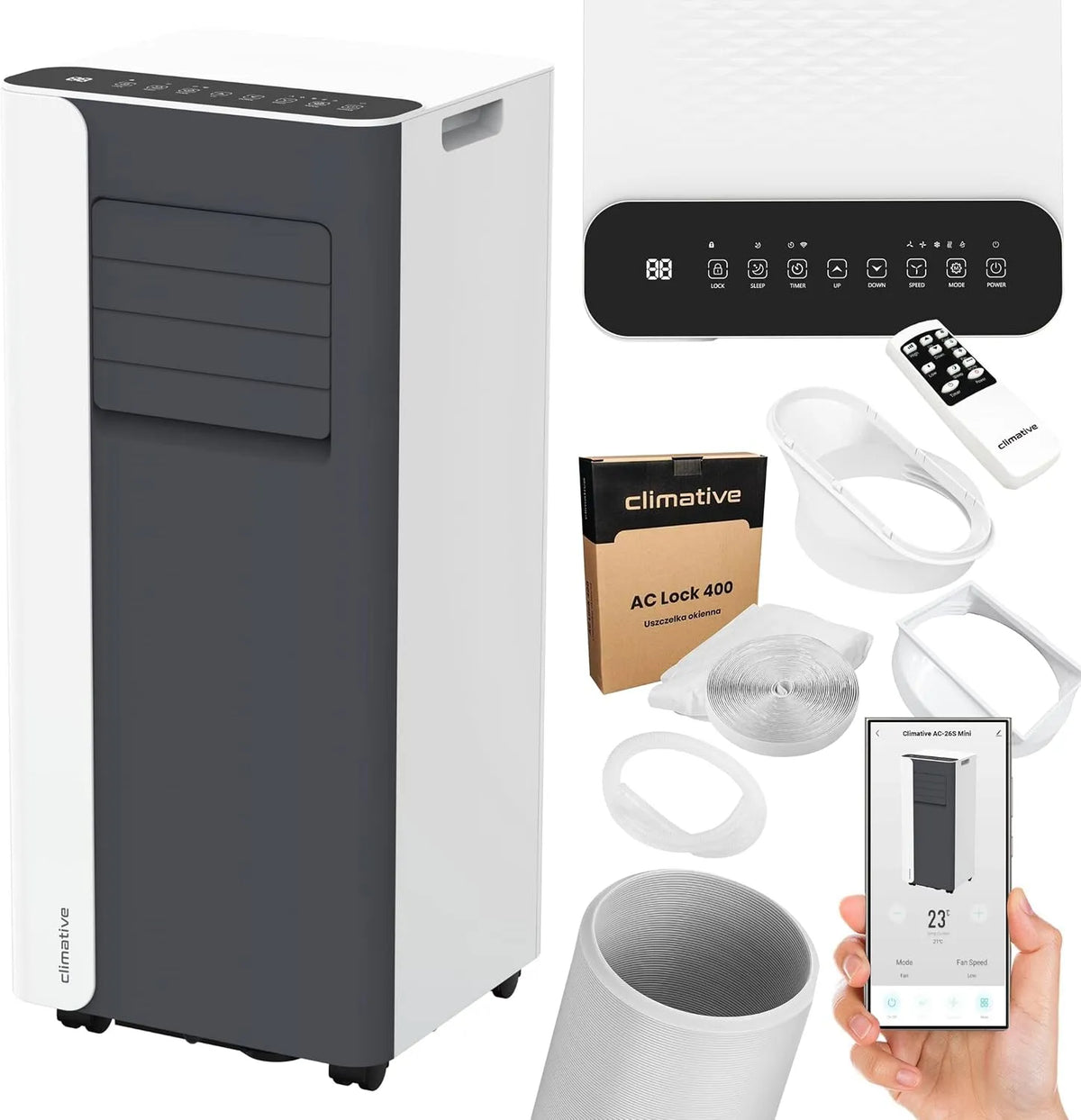 Klimaanlage Mobile, 9000 BTU, mit Abluftschlauch Mini 2,6 kW 3-in-1 Portable Air Conditioner 26 m² Fensterabdichtung, Smart Mobil, WiFi Tuya