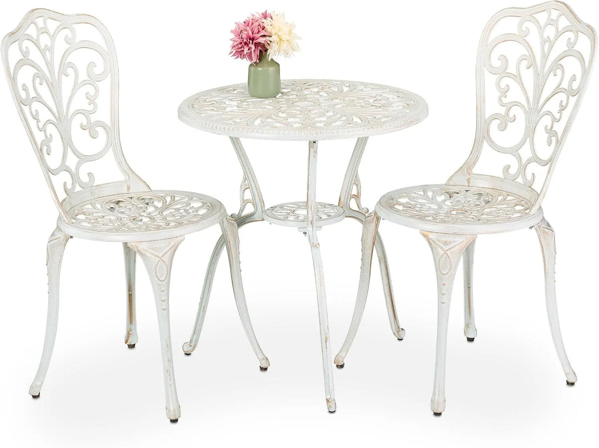 Tisch, & 2 Stühle, Aluguss, Garten Sitzgruppe, Bronze, 3-teilig, Relaxdays Gartenmöbel Set, Balkonmöbel Antik-Design, weiß