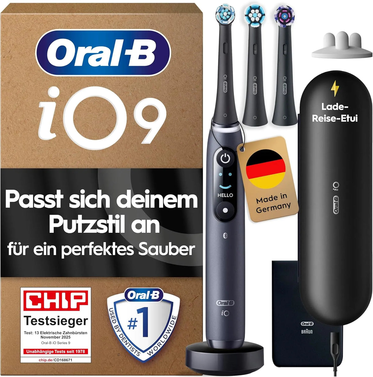Braun Oral-B iO Series 9 Elektrische Zahnbürste, inklusive. 3 Aufsteckbürsten, 11/25, Designed by, CHIP Testsieger, 7 Modi für Zahnpflege