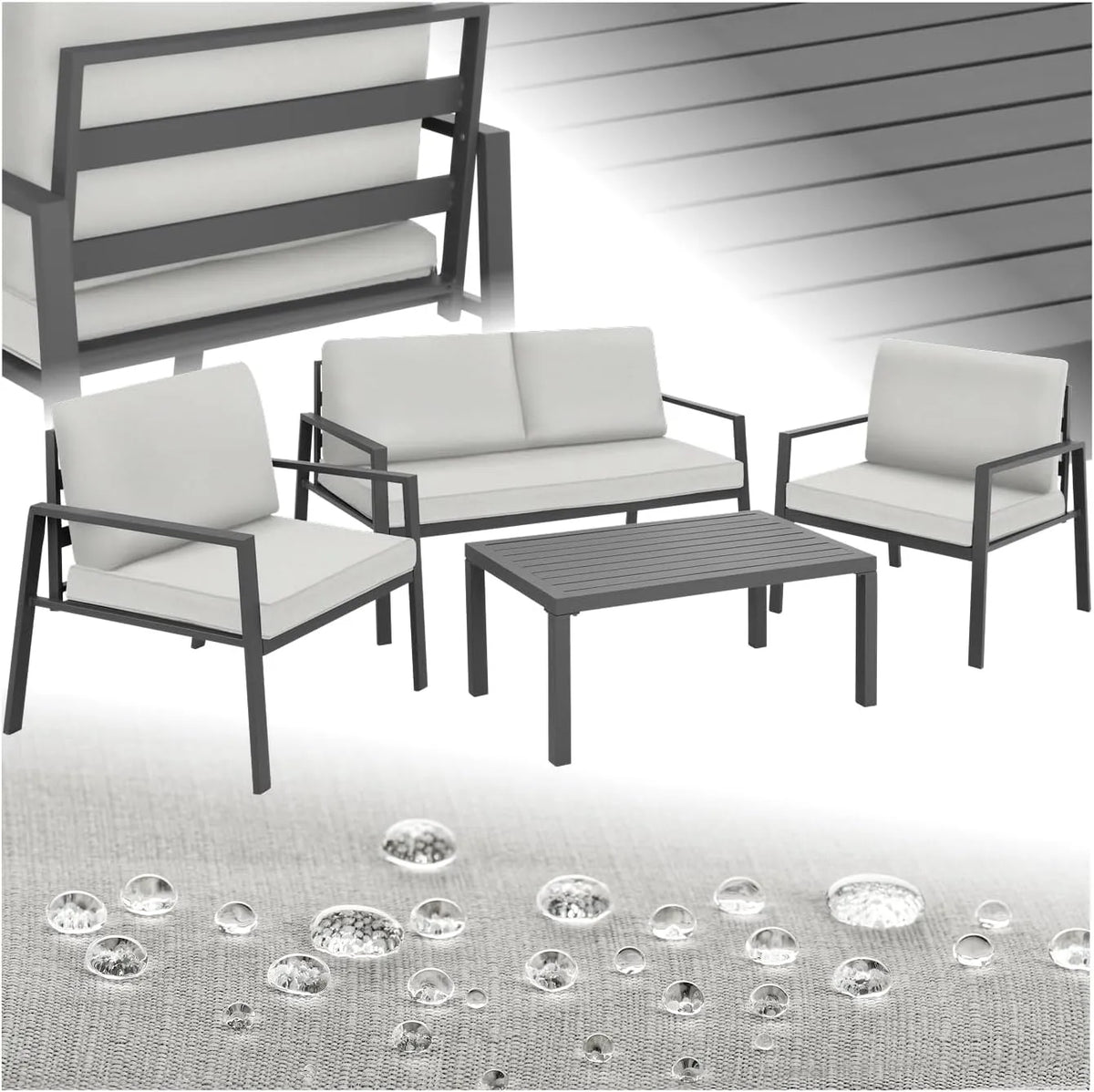 Sofa, tectake Aluminium Lounge, Loungemöbel Set für Balkon, Wintergarten, hellgrau, Set mit 2 Sessel 1 1 Beistelltisch Outdoor, Gartenmöbel mit Kissen