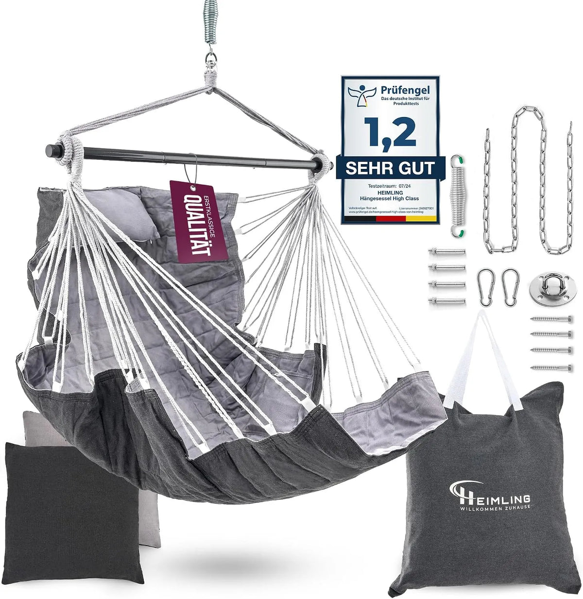 High-Class Outdoor & Indoor XXL HEIMLING Hängesessel, Kinder & Erwachsene bis 150 kg, All Inclusive Paket mit Aufhängung + 3 Kissen