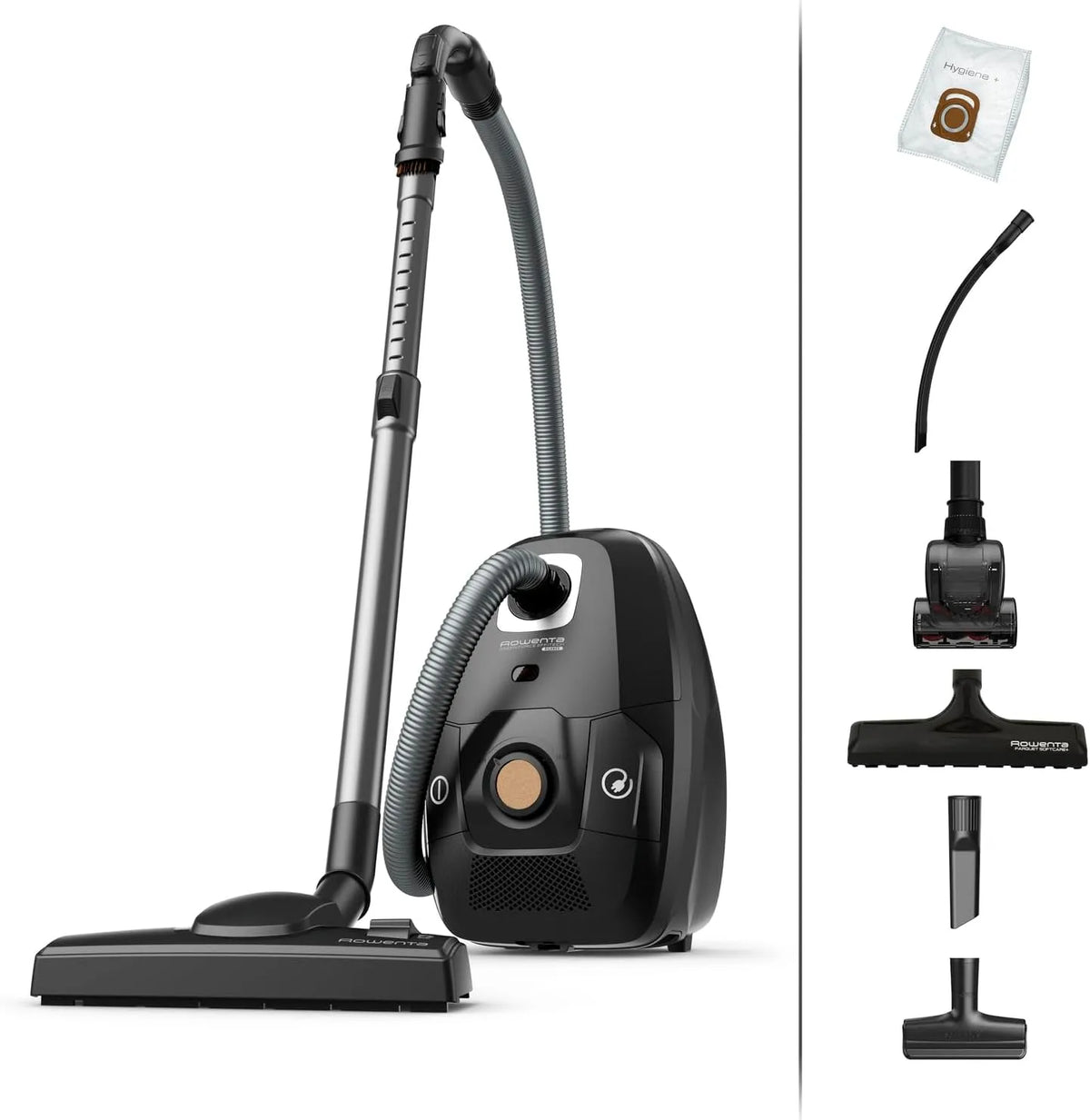 Rowenta Bodenstaubsauger RO6189, 400 Watt, 12 m Aktionsradius, kompaktes Design, in Schwarz, Fassungsvermögen 4,5 L Staubbeutel, inklusive. Zubehör