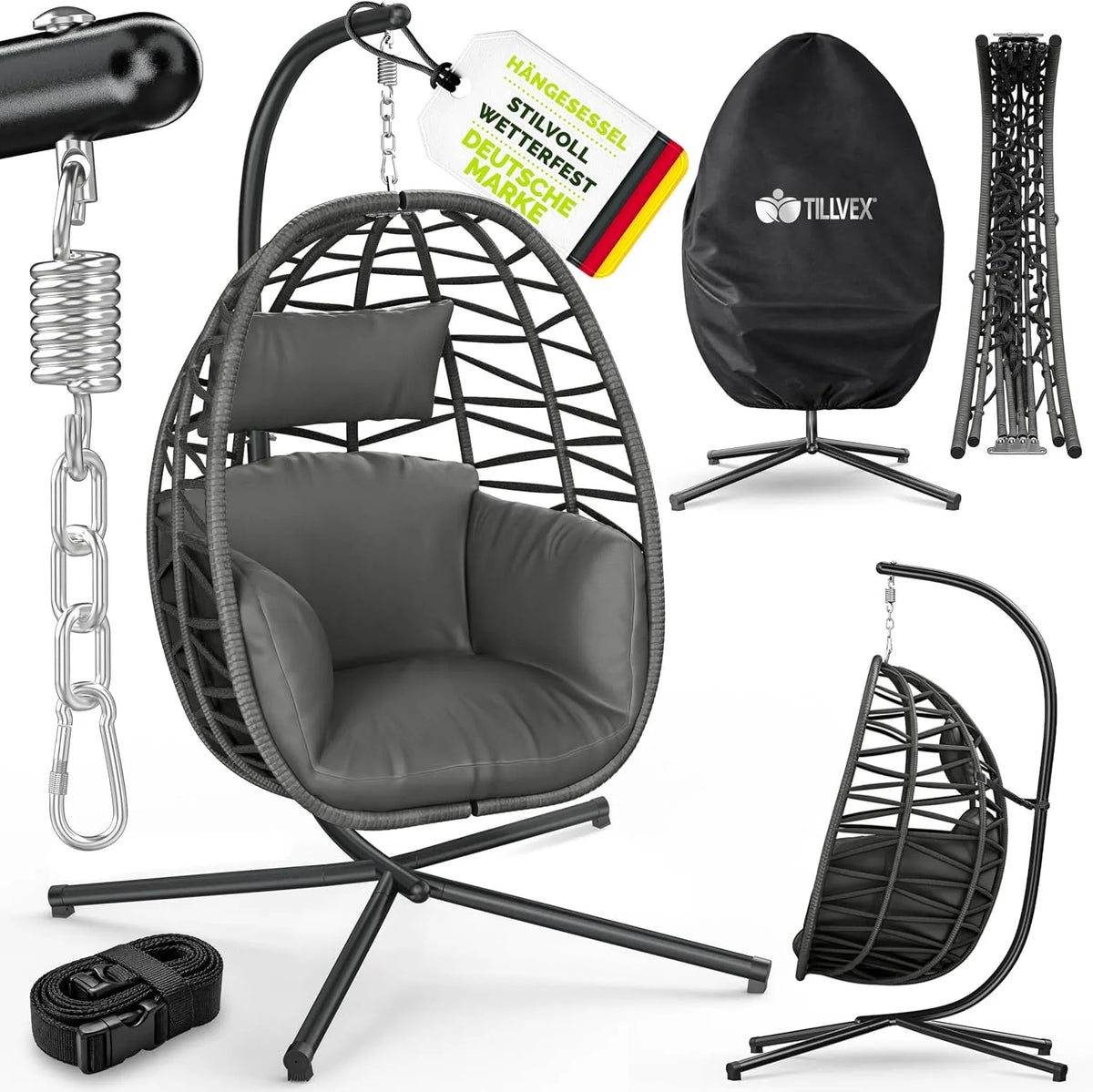 Mit Gestell Outdoor & wetterfester Abdeckung inklusive. Befestigung tillvex Hängesessel, Hängekorb klappbar bis 150 kg, Hängesitz aus Rattan