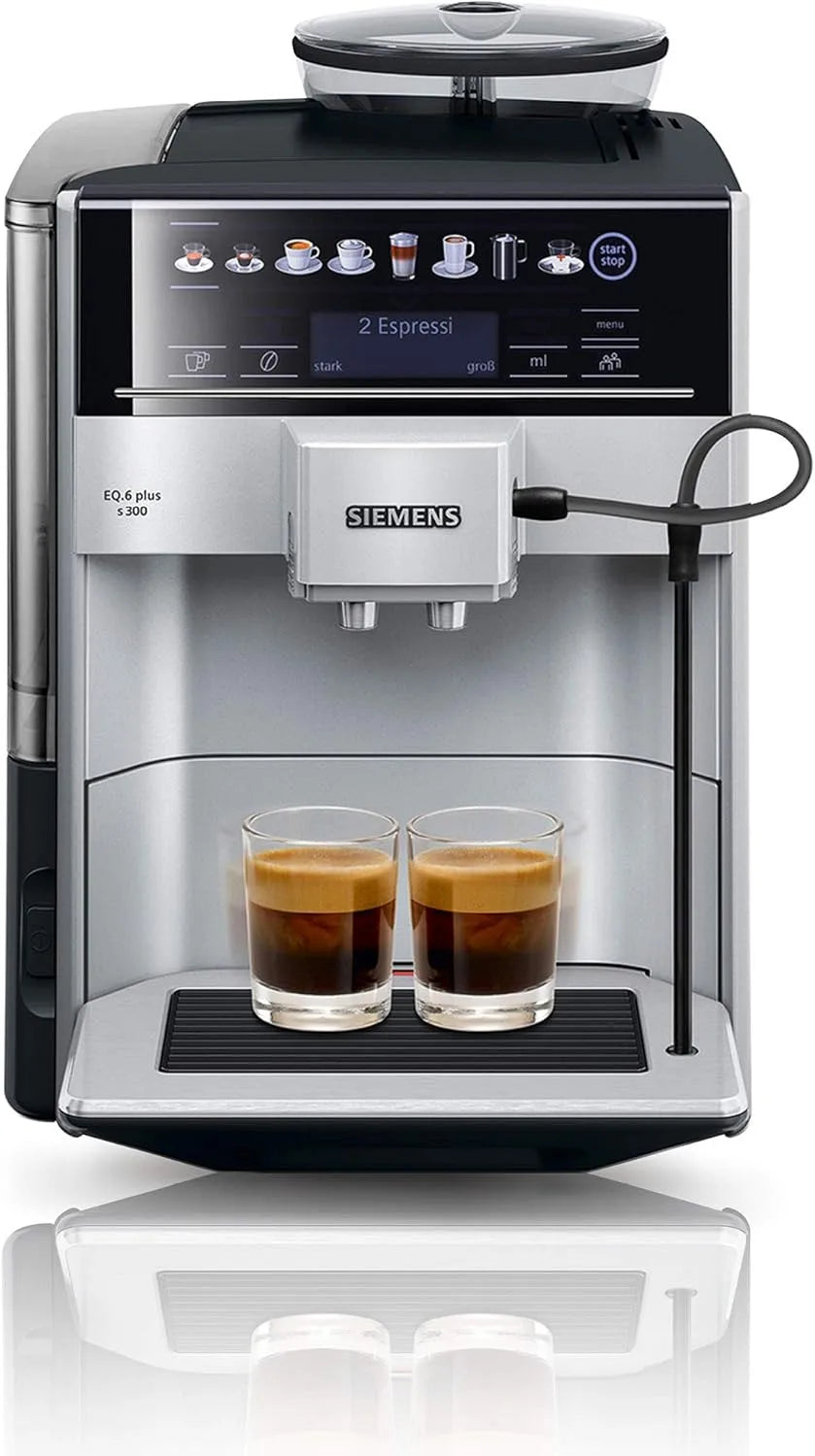 Siemens Kaffeevollautomat EQ6 s300 TE653501DE, plus, Milchsystem, 11 Getränke, automatische Reinigung des Milchsystems, Keramikmahlwerk, Silber