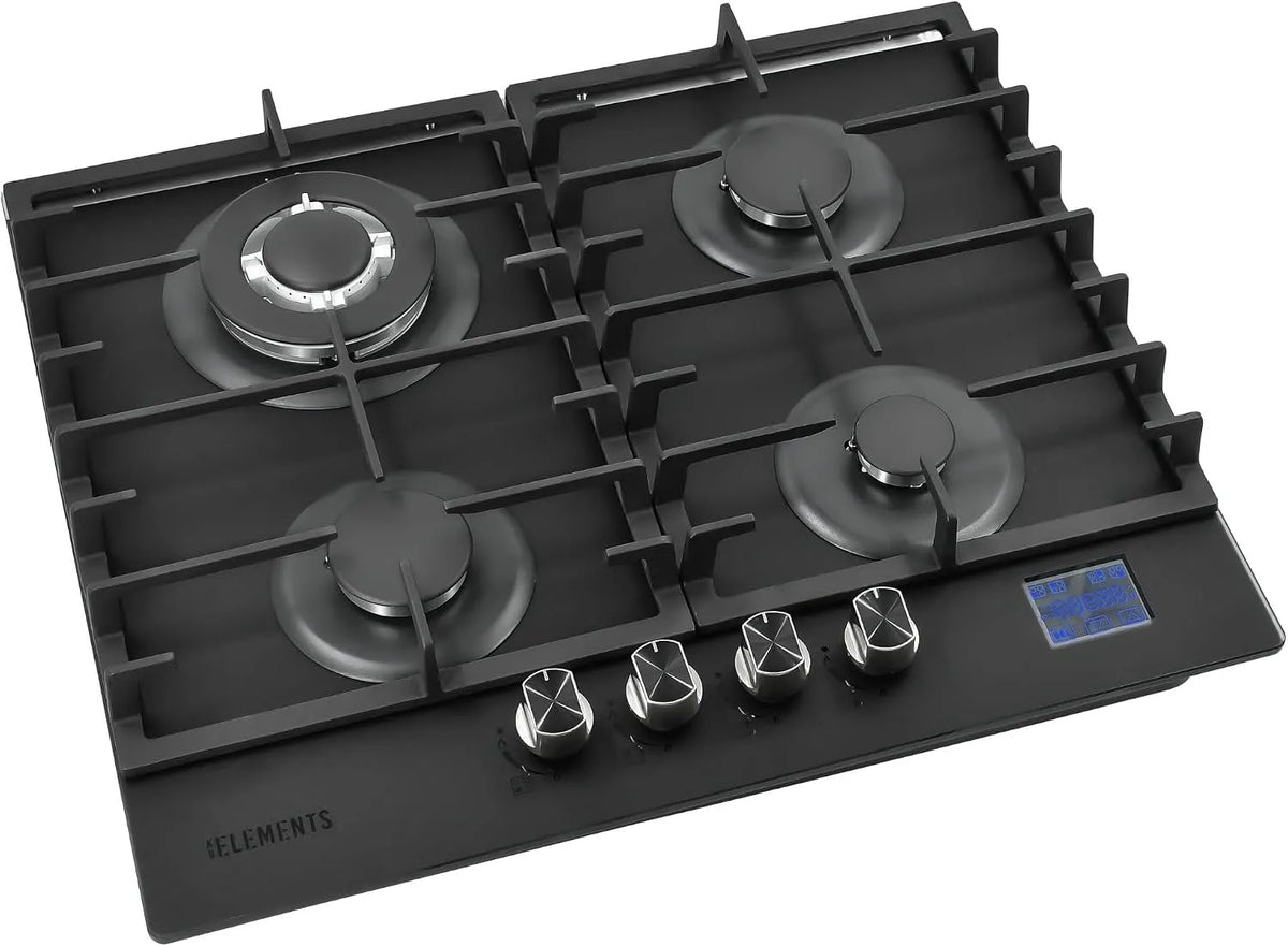Kochfeld, Gaskochfeld 4 Flammig, Gasherd, Einbau-Gaskocher für Zuhause & Wohnmobil, DIGITALER GAS-STOP-TIMER, Gas-Herdplatte mit Wok Brenner