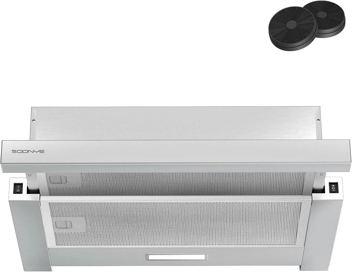 Dunstabzugshaube Flachschirmhaube, Breite 60cm, 370 m³/h Luftstrom, Flach Abzugshaube 62dB, Abluft, Umluft inklusive Aktivkohlefilter, LED-Beleuchtung