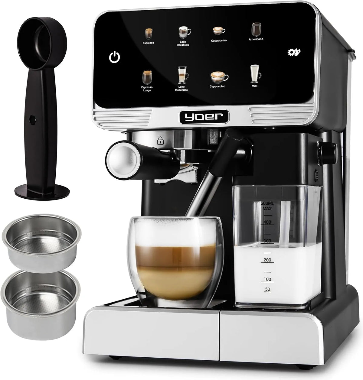 Kaffeevollautomat EMF03BK YOER, Kaffeemaschine für Espresso, Leistung 1350W, Touchscreen, Creamo, 20 bar, 6 Kaffeespezialitäten, in Schwarz