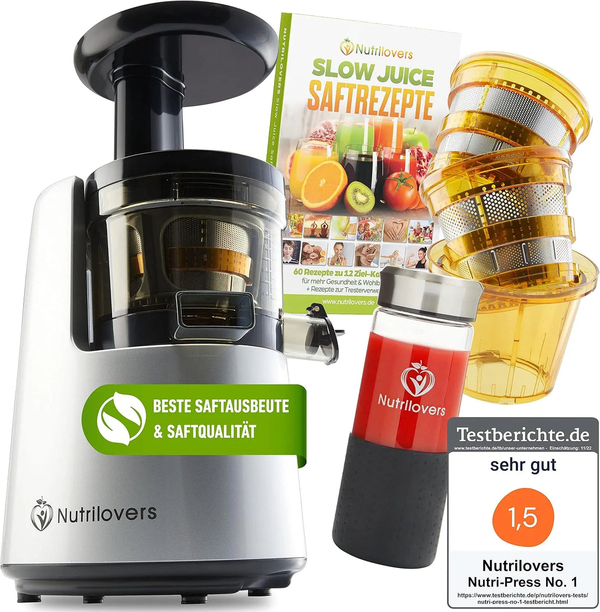 Entsafter NO.1 Nutrilovers, Frucht-Eis, Slow Juicer NUTRI-PRESS Testsieger Saftausbeute 3 Siebe Saft, Smoothie, BPA-Frei, Sehr leise