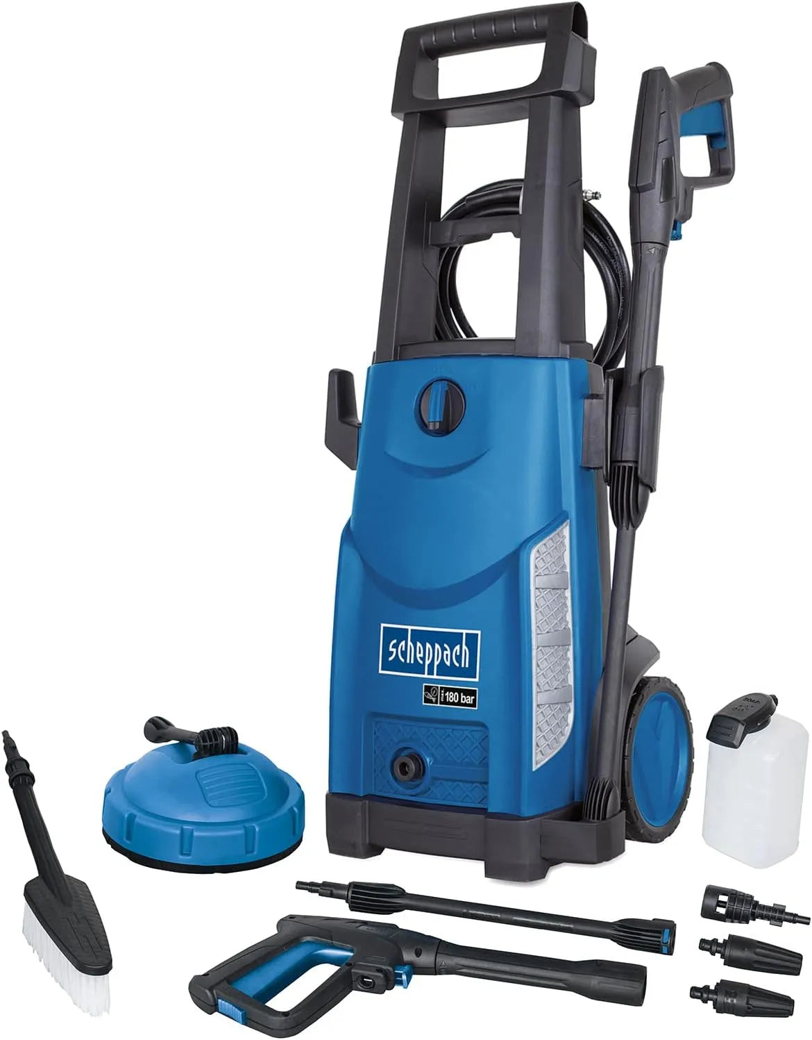 Scheppach Hochdruckreiniger HCE2600, Fördermenge 480 l/h, 2400W Leistung, mobiler Flächenreiniger mit Bürsten, inklusive. 8-TLG. Zubehör