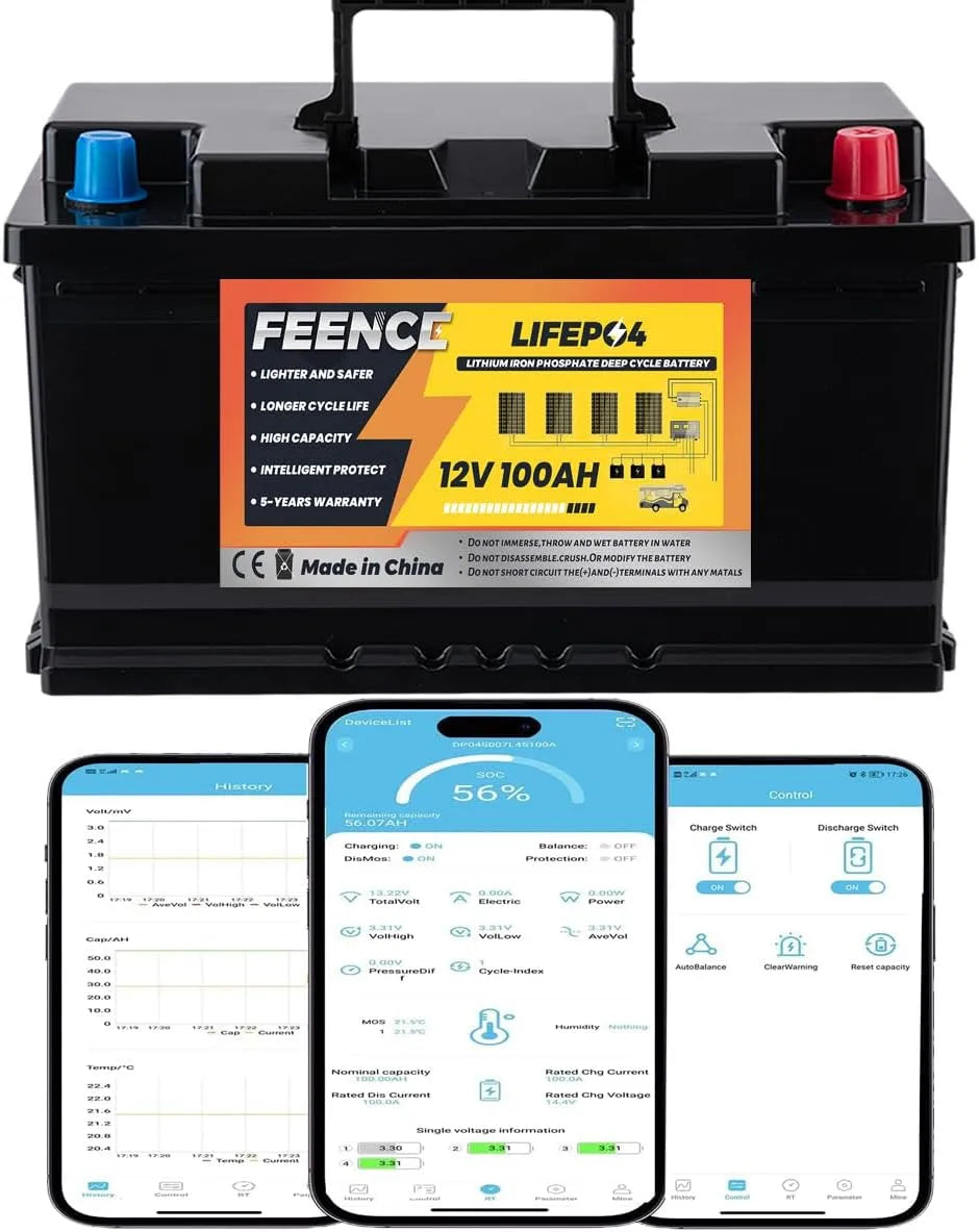 Mini Size 12V 100Ah Batterie Bluetooth H188 LiFePO4 15000, 10 Jahre Lebensdauer für Wohnmobil, RV, Energieversorgung, Marine, Off-Grid System