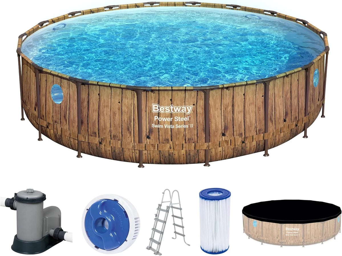 Bestway Pool, Power Steel Swim Vista Series Frame Komplett-Set mit Filterpumpe Ø 549 x 122 cm, Holz-Optik, Pinie, rund
